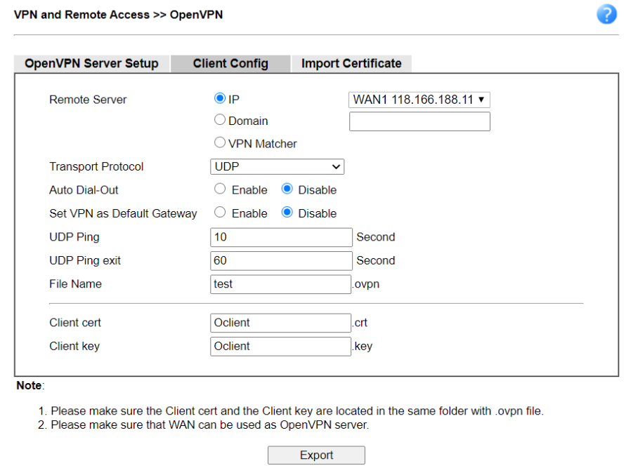 a screenshot of DrayOS Open VPN Client Config setup